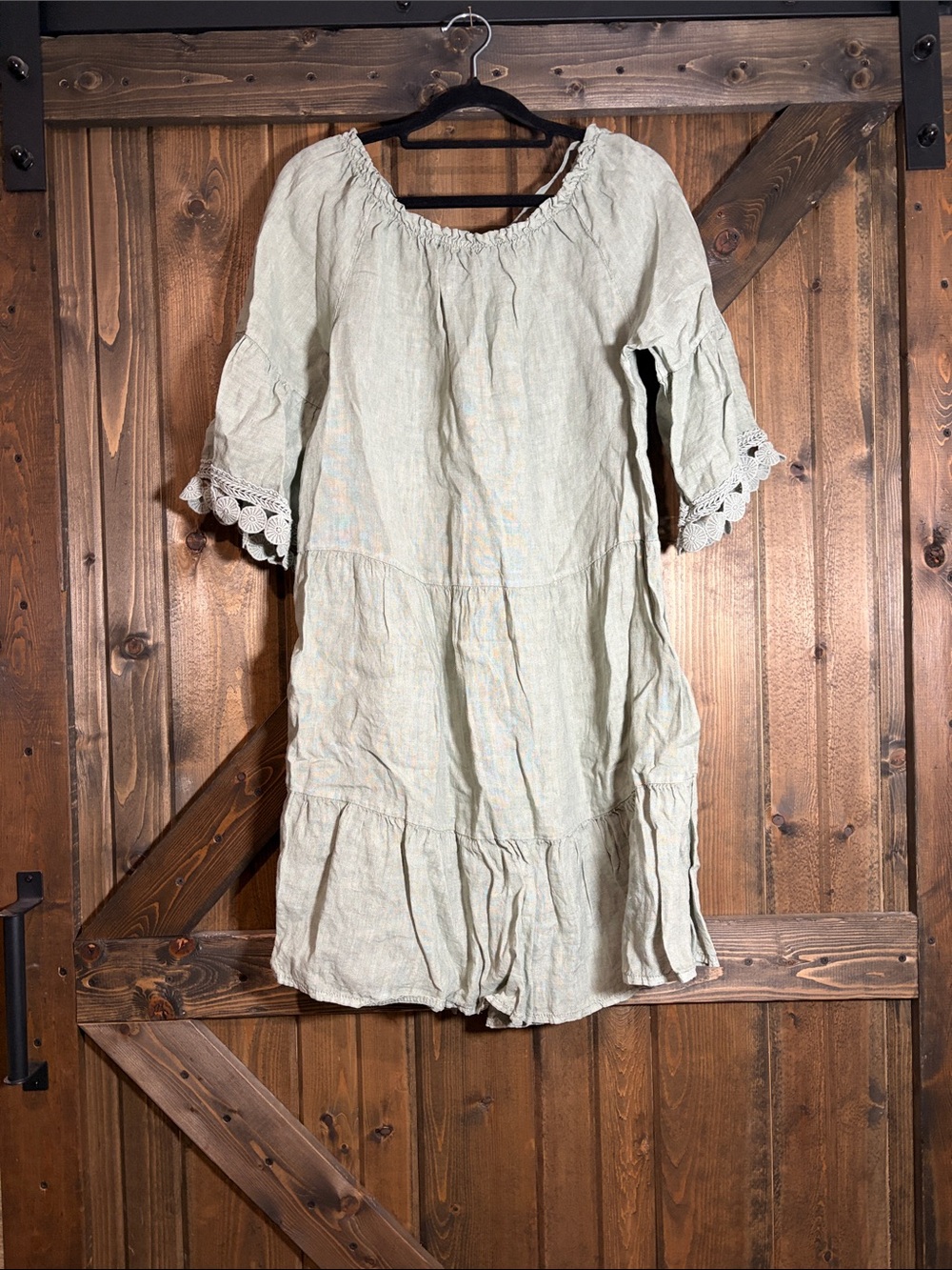 Boho Light Sage Crochet-Trim Linen Midi Dress